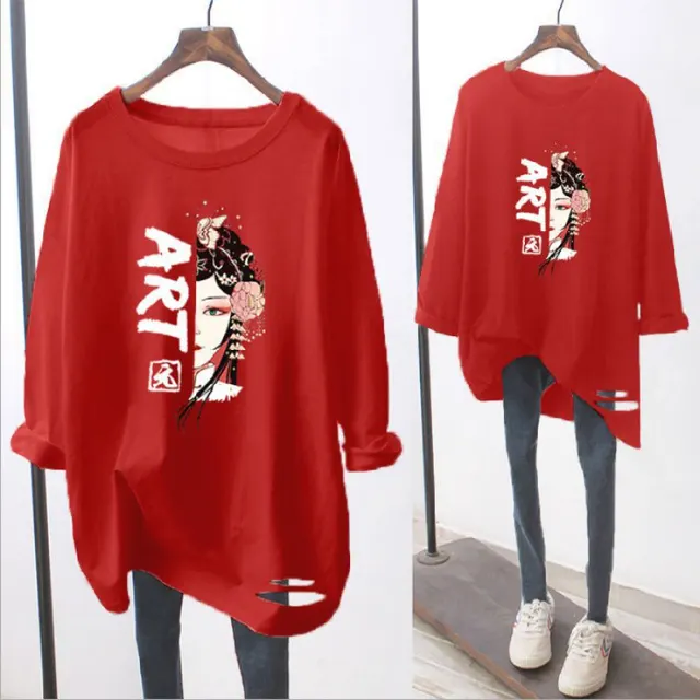 Ripped Long sleeved White T shirt Loose Red - Shop at LoveMi