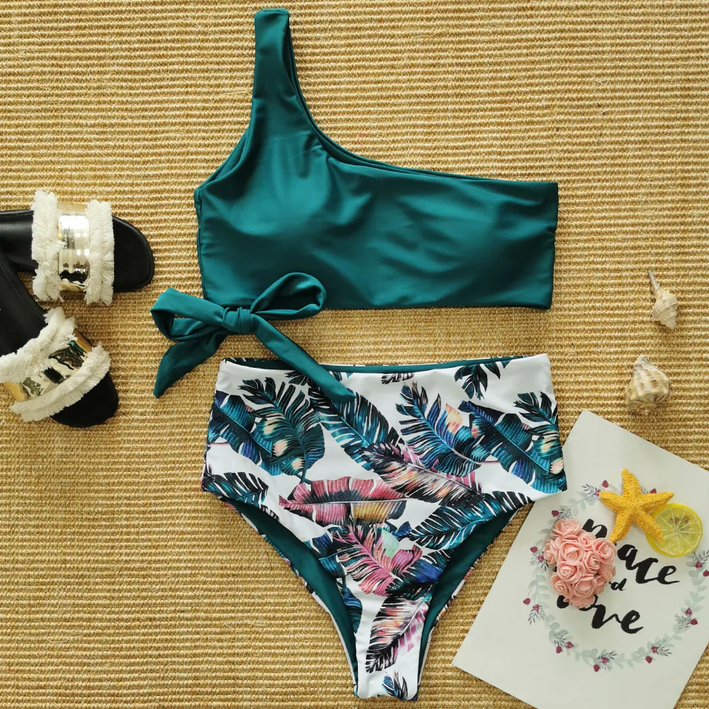 One Shoulder Strap Bikini Print New Swimsuit Blue - Shop at LoveMi