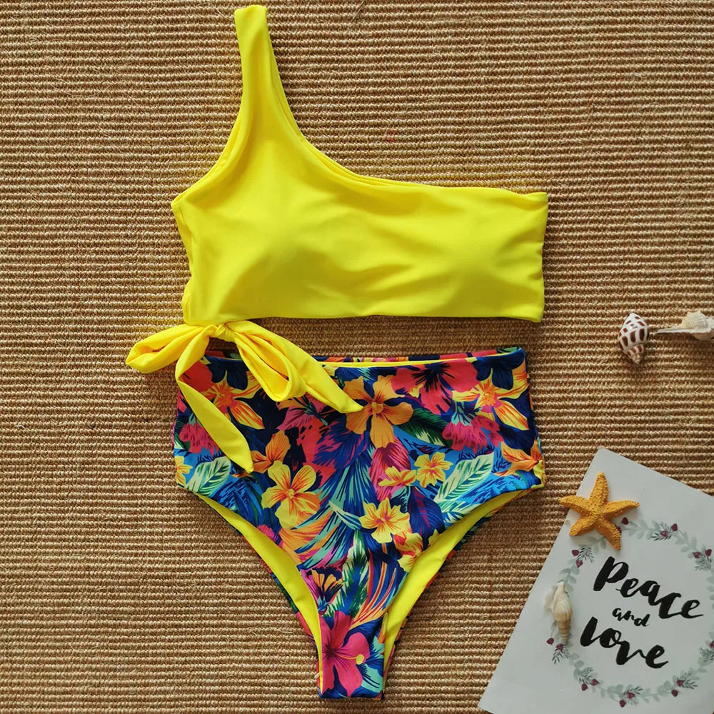 One Shoulder Strap Bikini Print New Swimsuit Yellow - Shop at LoveMi