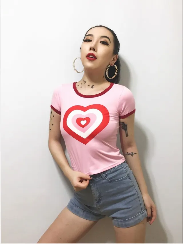 Style New Digital Printing Short Sleeve Round Neck T Shirt Pink - Shop at LoveMi