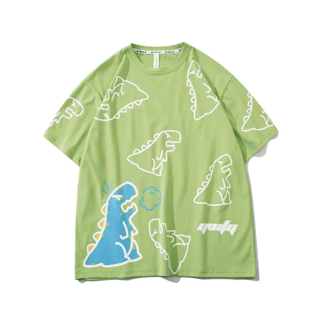 Ins Trend Loose Harajuku Style Printed Small Dinosaur Pattern Men's And Women's T shirt Green - Shop at LoveMi