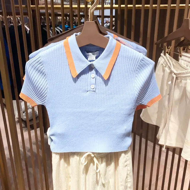 Temperament Slim Fit Color Matching POLO Collar Short T shirt Short Sleeves Blue - Shop at LoveMi