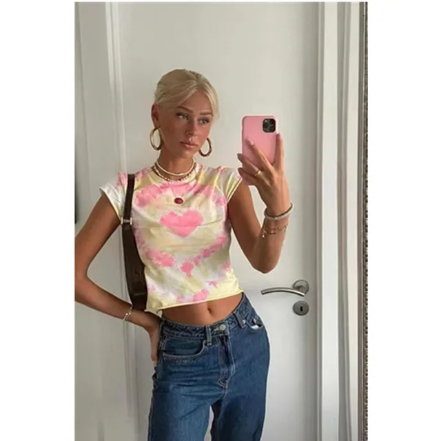 Summer Temperament Commuter Crew Neck Slim Print Pullover Loose Short Sleeve Cotton T Shirt Pink - Shop at LoveMi