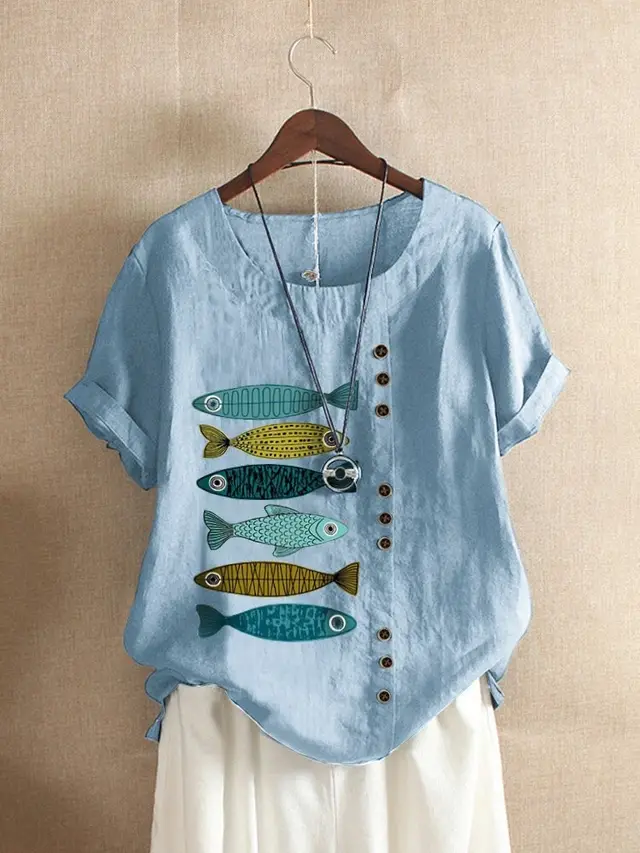 New Cotton And Linen Retro Printed Short Sleeves Blue - Shop at LoveMi