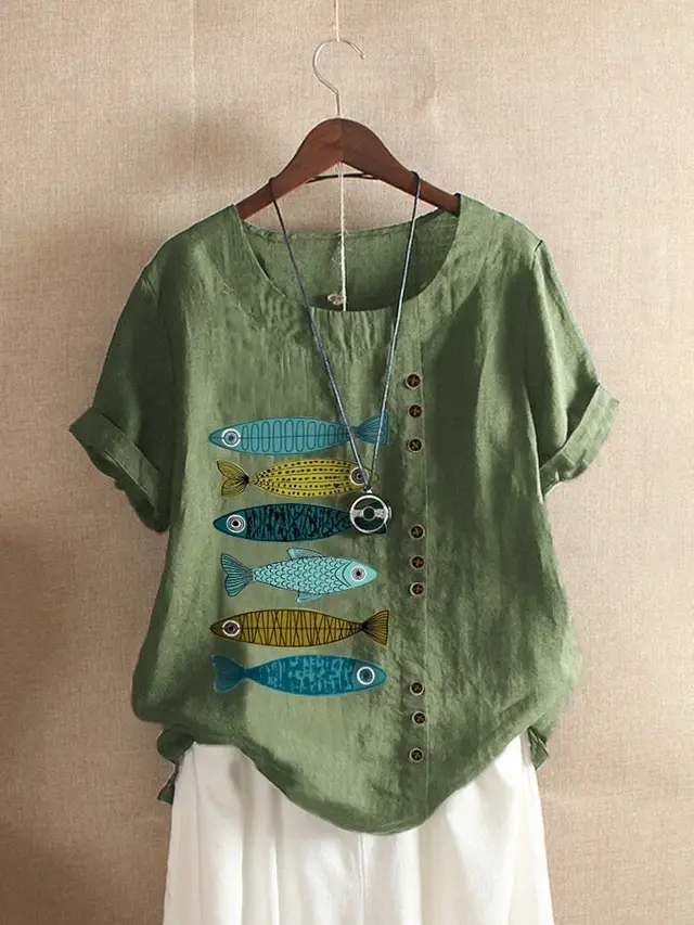 New Cotton And Linen Retro Printed Short Sleeves Green - Shop at LoveMi