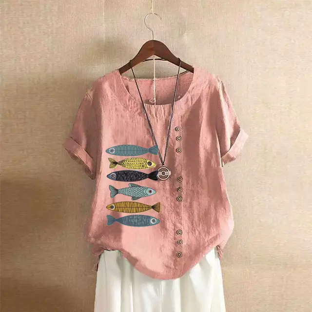 New Cotton And Linen Retro Printed Short Sleeves Pink - Shop at LoveMi