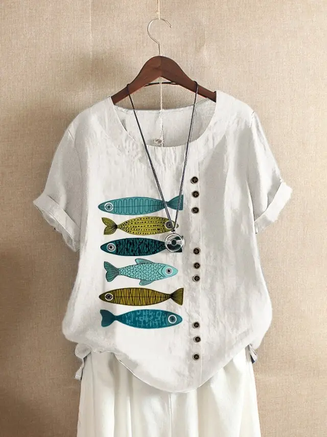 New Cotton And Linen Retro Printed Short Sleeves White - Shop at LoveMi