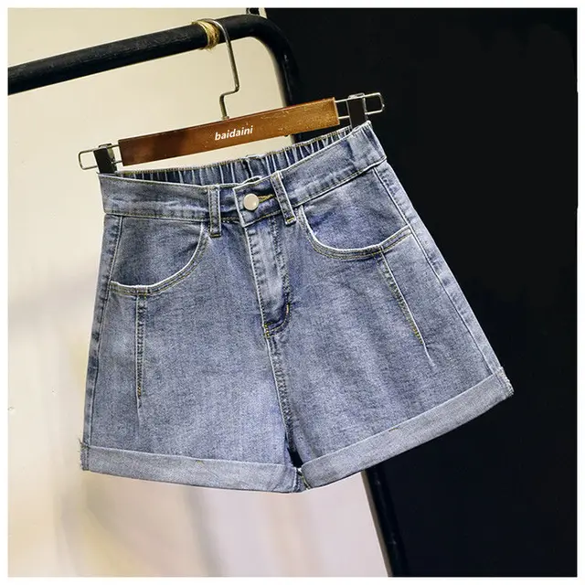 Hemming Denim Shorts Women Summer High Waist Stretch A Line Loose Wide Leg Pants Blue - Shop at LoveMi
