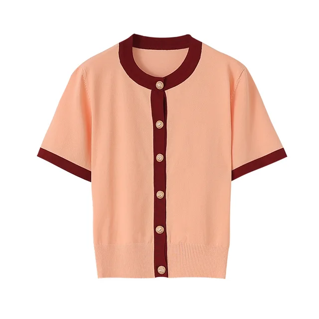 Colour Contrast Short Sleeved Knit Cardigan Single Breasted Round Neck Pink - Shop at LoveMi