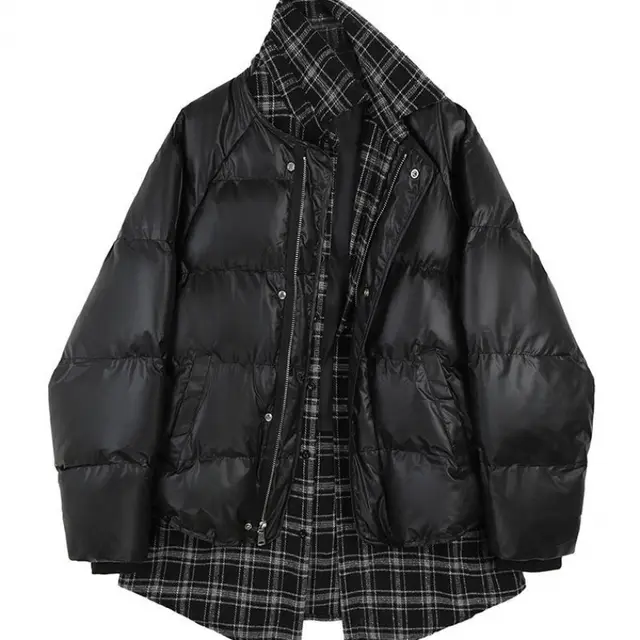 Fake Two Piece Woolen Plaid Stitching Bread Suit Mew Clothes Women Black - Shop at LoveMi