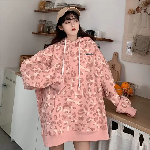 Leopard Print Sweater Lesbian Style Fried Street Loose Couple Plus Velvet Padded Hoodie Pink - Shop at LoveMi