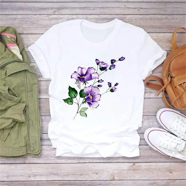Modal Flower Illustration Printed Short sleeved T Shirt Women Casual Top 16.Style - Shop at LoveMi