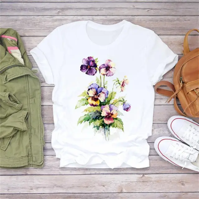 Modal Flower Illustration Printed Short sleeved T Shirt Women Casual Top 2.Style - Shop at LoveMi