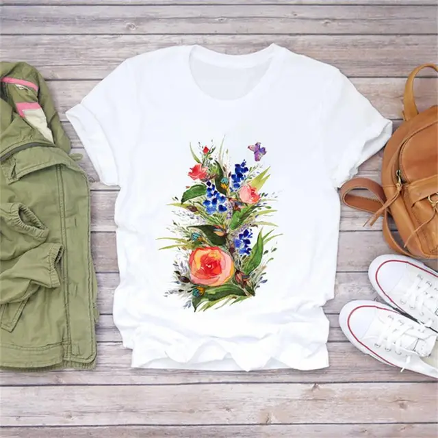 Modal Flower Illustration Printed Short sleeved T Shirt Women Casual Top 8.Style - Shop at LoveMi