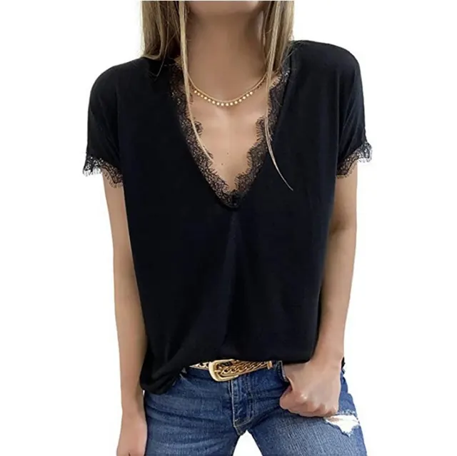 Printed V Neck Pullover Short Sleeved T Shirt Black - Shop at LoveMi