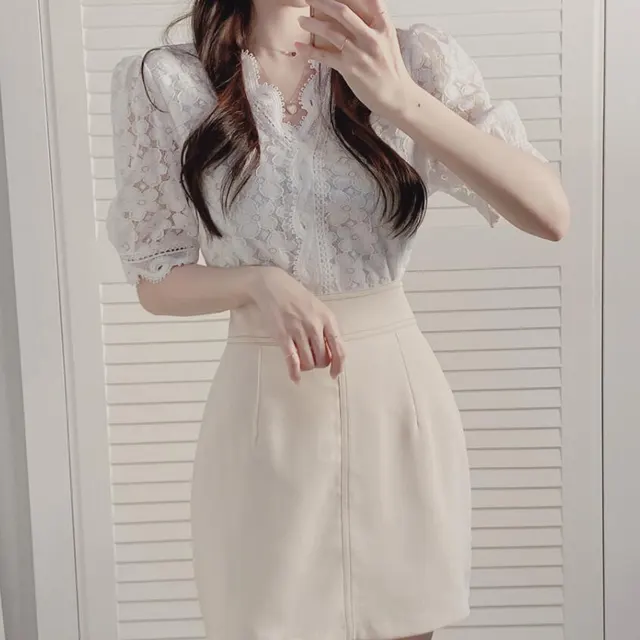 Korean Version Of The Summer New Temperament Puff Sleeve Hollow Lace Short Sleeved Shirt Wild Embroidery Lace Shirt Female Summer White - Shop at LoveMi