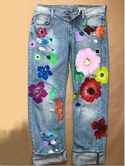 Ripped Printed Big Red Flower Ripped Fashion Women's Straight Denim Trousers Light Blue - Shop at LoveMi