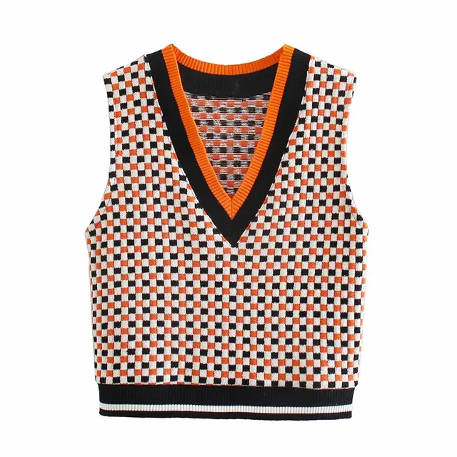 New Retro All match V neck Stitching Check Knitted Vest Vest - Shop at LoveMi