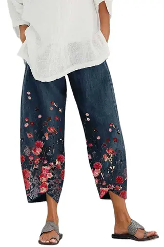 High-waisted Wide-leg Printed Cotton Trousers - Dark Blue