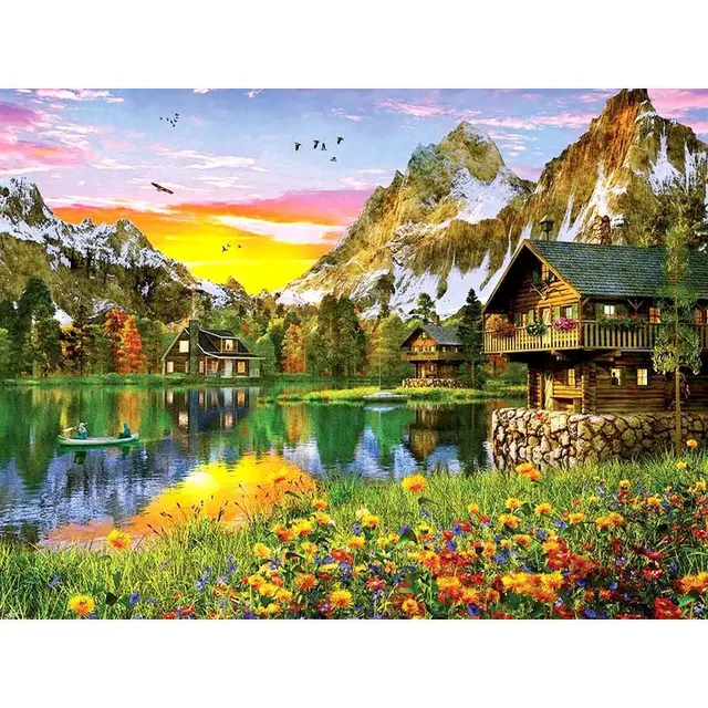 Picture Painting Of Digital Canvas Mountain House Yellow - Shop at LoveMi
