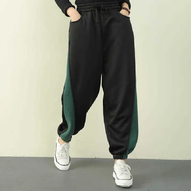 Women's Plus Velvet Thickening Loose Casual Collage Beam Foot Guard Pants Black - Shop at LoveMi