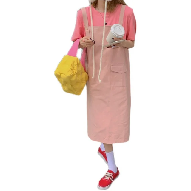 Strap Skirt Solid Color T shirt Two piece Women Pink Suspender Skirt - Shop at LoveMi