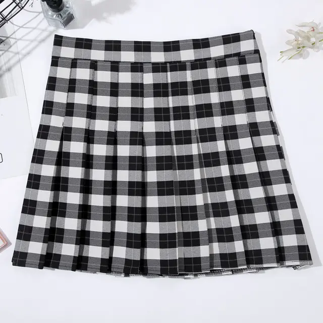 Stitching Checkered Pleated College Anti glare A line Skirt F - Shop at LoveMi