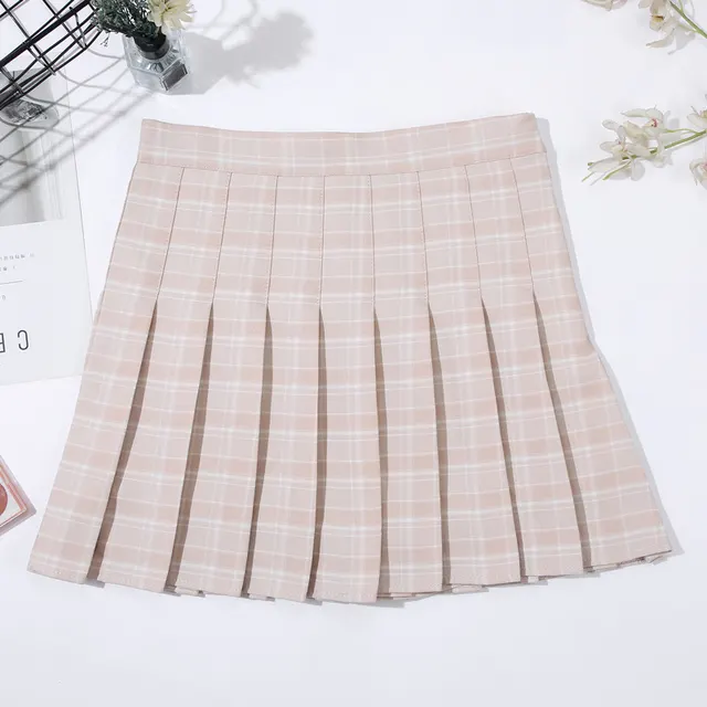 Stitching Checkered Pleated College Anti glare A line Skirt I - Shop at LoveMi