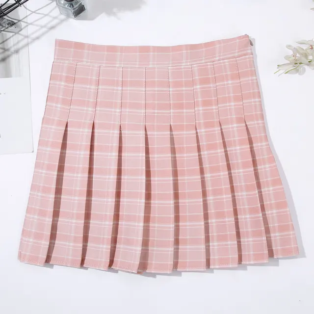 Stitching Checkered Pleated College Anti glare A line Skirt K - Shop at LoveMi
