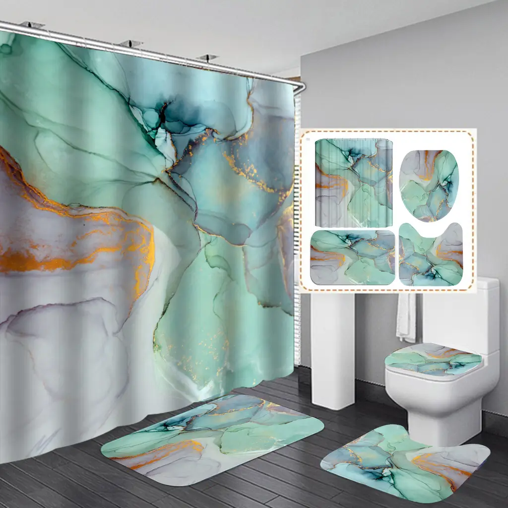 Beautiful Modern Shower Curtains 3D Bathroom Curtain Set Anti-slip Bath Mat Soft Carpet Water Absorption Rugs Home Decoration - Green