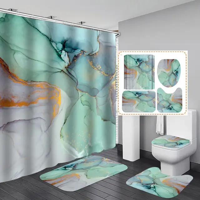 Beautiful Modern Shower Curtains 3D Bathroom Curtain Set Anti slip Bath Mat Soft Carpet Water Absorption Rugs Home Decoration Green - Shop at LoveMi