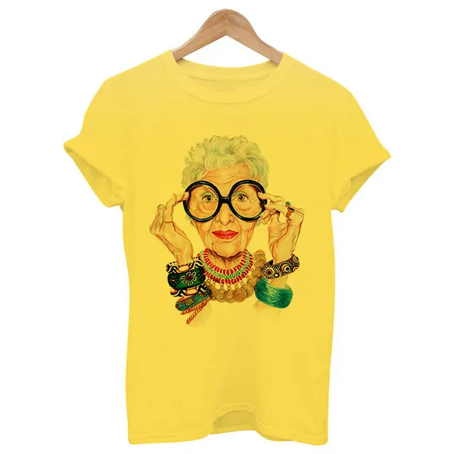 Woman Head Print Short Sleeve Round Neck Short Sleeve T shirt Yellow - Shop at LoveMi