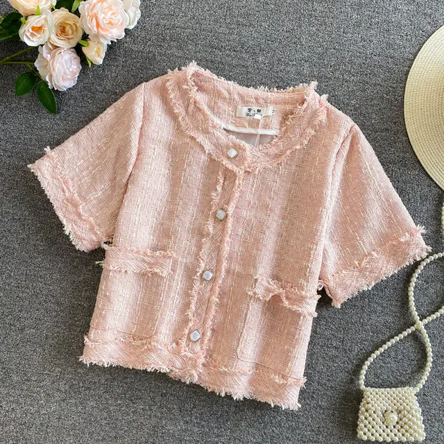 Tweed Round Neck Thin Short sleeved Blouse Women Pink - Shop at LoveMi