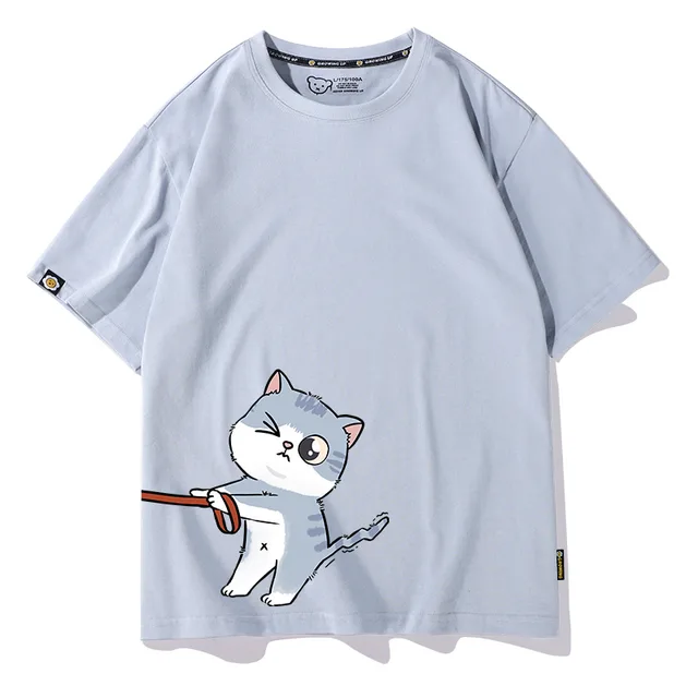 Lovers Wear High Sense Of Summer Couple T Shirt New Trend Niche Design Loose Cotton Short Sleeved Shirt Blue Cat - Shop at LoveMi