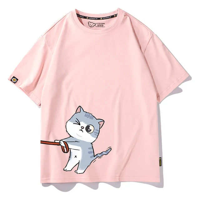 Lovers Wear High Sense Of Summer Couple T Shirt New Trend Niche Design Loose Cotton Short Sleeved Shirt Pink Cat - Shop at LoveMi