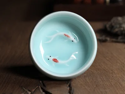 Celadon Tea Set, Tasting Cup, Small Fish Tea Cup, Geyao Ice Cracked Glazed Carp Cup, Small Tea Bowl Diyao Powder Blue Double Fish - Shop at LoveMi