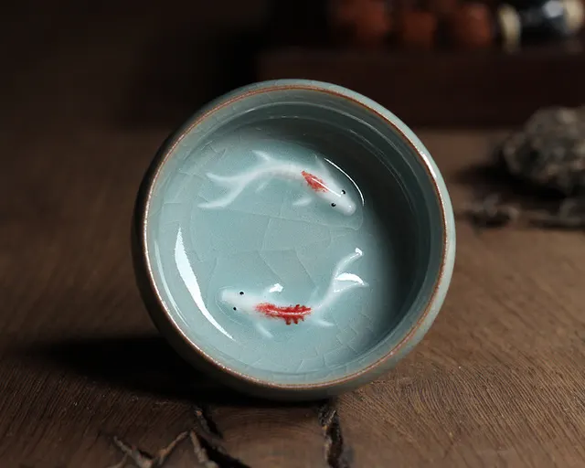 Celadon Tea Set, Tasting Cup, Small Fish Tea Cup, Geyao Ice Cracked Glazed Carp Cup, Small Tea Bowl Geyao Powder Blue Double Fish - Shop at LoveMi
