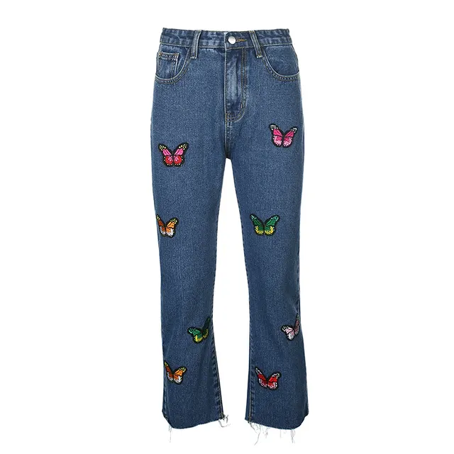 Butterfly Embroidery Straight Leg Cute Girl Denim Casual Pants Slim Trousers Butterfly Print Blue - Shop at LoveMi