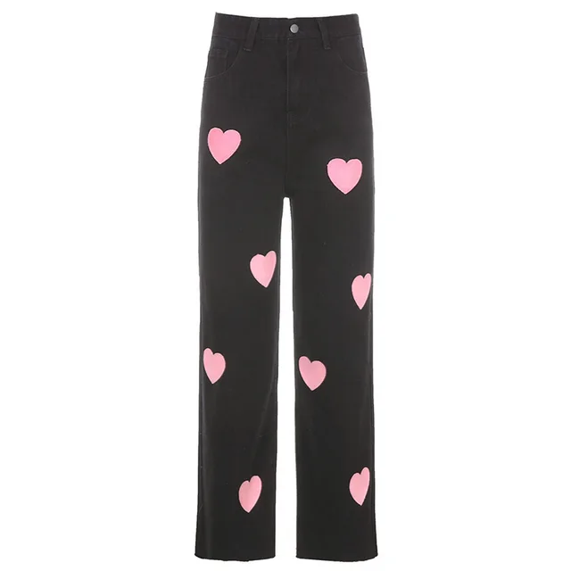 Butterfly Embroidery Straight Leg Cute Girl Denim Casual Pants Slim Trousers Love Black - Shop at LoveMi