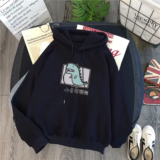 Autumn And Winter New Korean Student Loose Print Plush Hooded Versatile Jacket Black - Shop at LoveMi