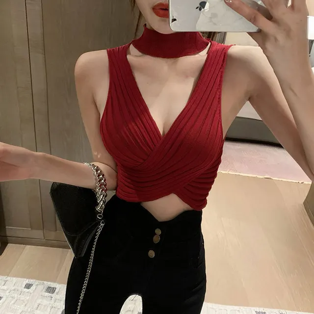 V Neck Halterneck Sleeveless Camisole, Careful Machine Cropped Inner Top Wine Red - Shop at LoveMi
