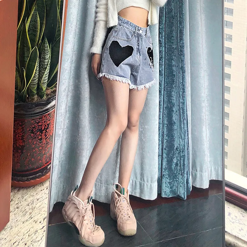 High Waist Slim Sexy Slim Love Patch Denim Shorts - Blue