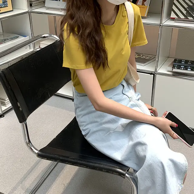 Huang Zheng"s basic multicolor round neck short sleeve T shirt women"s summer Korean version slim and simple casual top t63391 Mustard Yellow - Shop at LoveMi