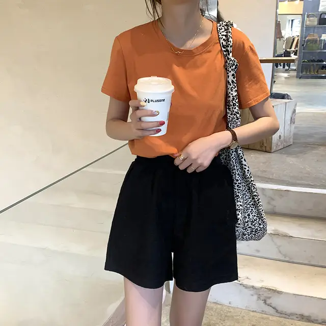 Huang Zheng"s basic multicolor round neck short sleeve T shirt women"s summer Korean version slim and simple casual top t63391 Sauce Orange - Shop at LoveMi