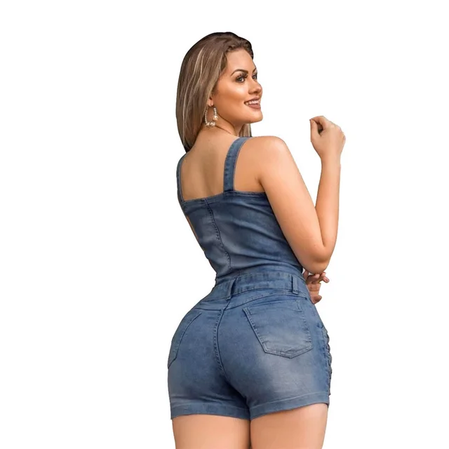 Plus Size Elegance Cotton Jeans Woman Ladies Short Romper Blue - Shop at LoveMi