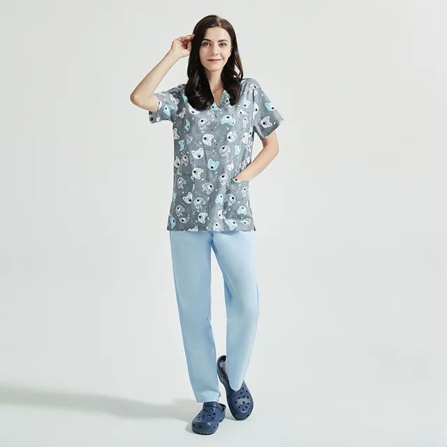 Cotton Cartoon Print Spa Uniform Beauty Salon Clothes Suit Blue Polar Bear - Shop at LoveMi