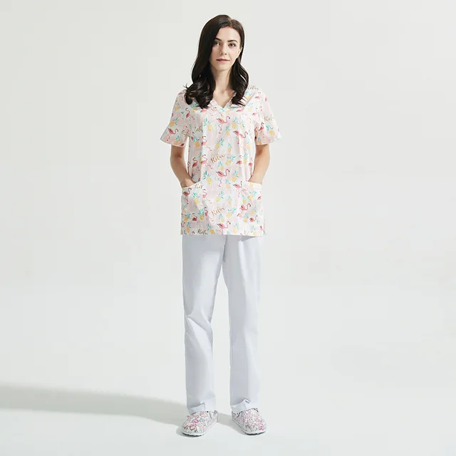 Cotton Cartoon Print Spa Uniform Beauty Salon Clothes Suit Red Flamingo - Shop at LoveMi