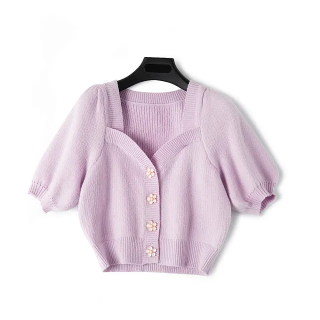 Summer New Style Swan Neck Flower Buckle Puff Sleeve Retro Knitted Cardigan Shirt Women Purple - Shop at LoveMi
