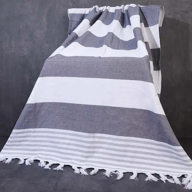 Daily Striped Fringed Cotton Beach Towel Grey - Shop at LoveMi
