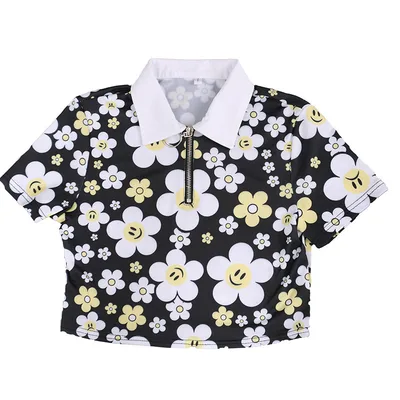 Cute Smiling Face Daisy Knitted Stretch Slim Short sleeved T shirt Elastic Waist Shorts Suit Fancy Short Sleeves - Shop at LoveMi
